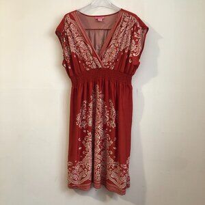 She's Cool Red Orange Boho Paisley print stretch dress V-neck short sleeves 2X